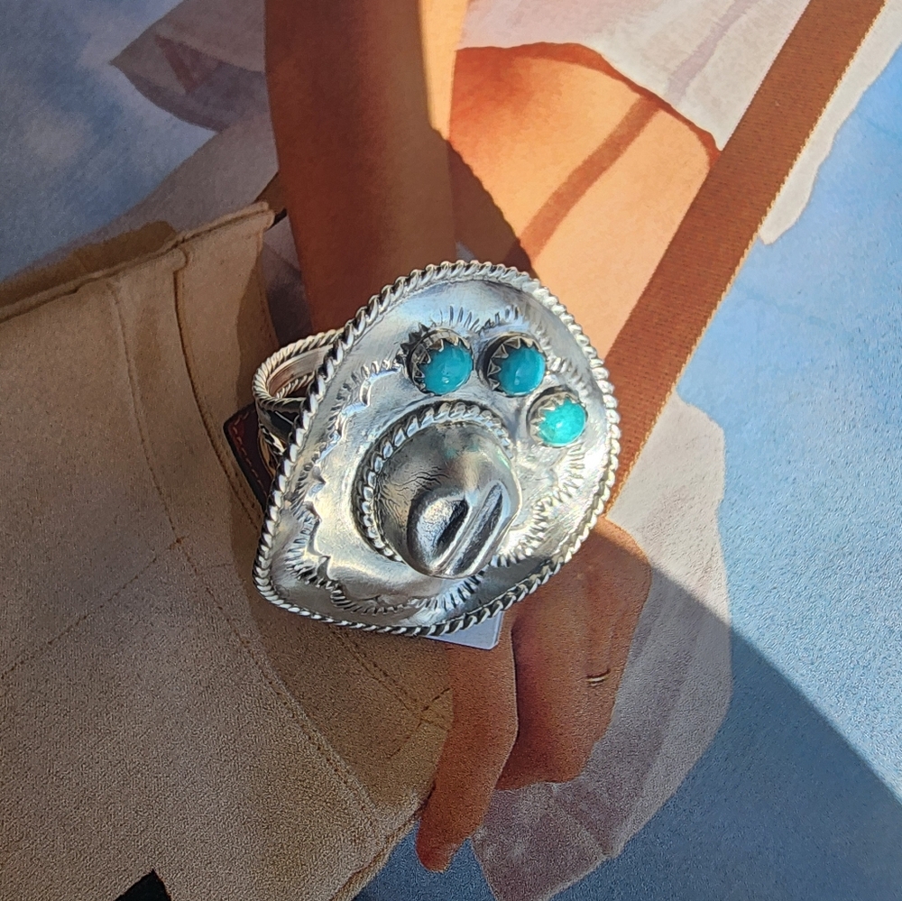 Sterling  Silver and Turquoise Cowgirl Hat Ring In Size 9 - Picture 7 of 15